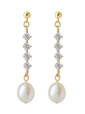 Gold Drop Earrings with White Pearls and Clear Crystals